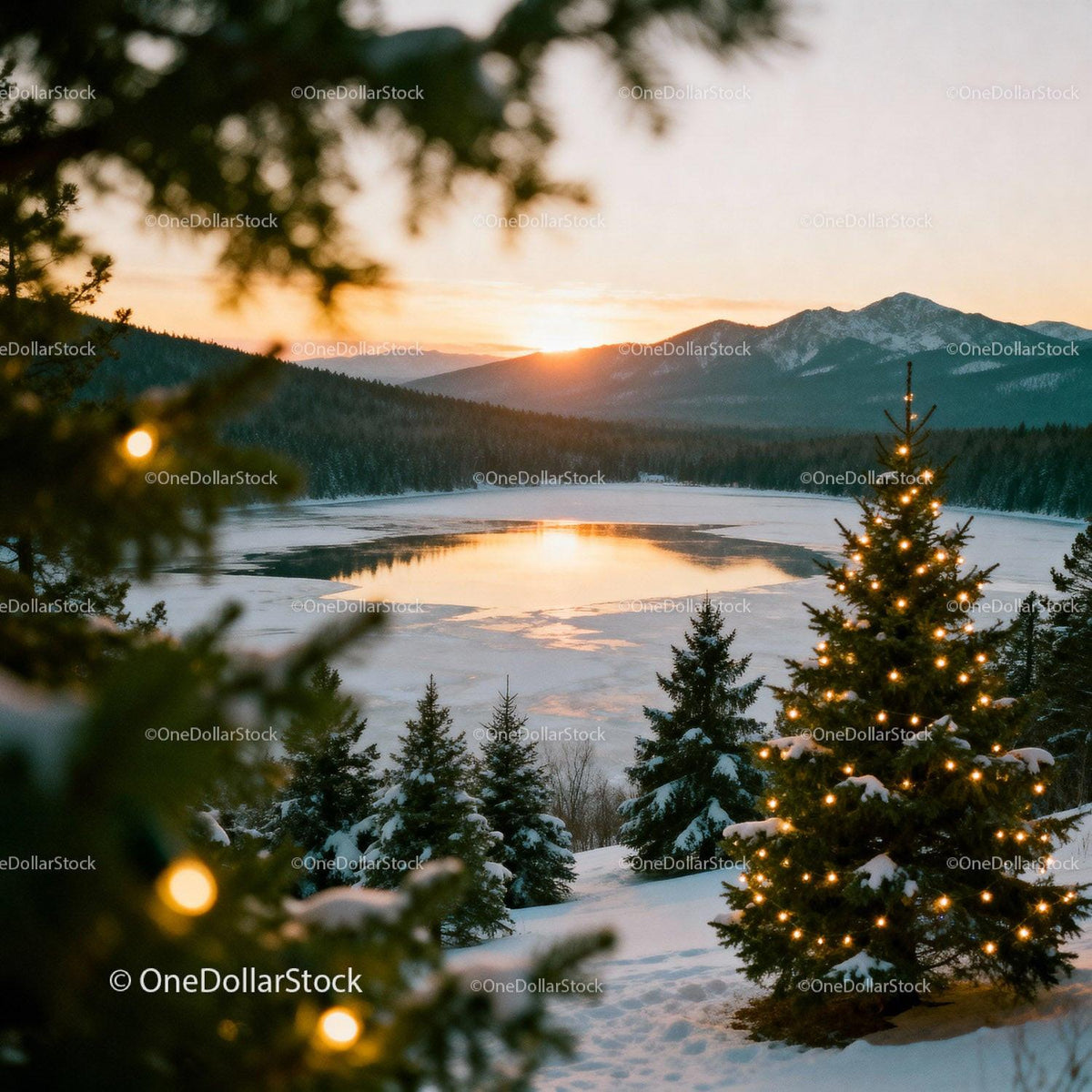 Winter sunset over snowy landscape with decorated pine tree