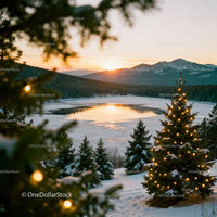 Winter sunset over snowy landscape with decorated pine tree