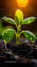Fresh Green Seedling with Dew Drops in Natural Soil Landscape