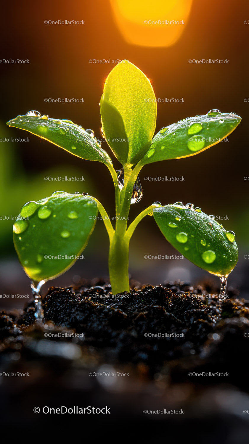 Fresh Green Seedling with Dew Drops in Natural Soil Landscape