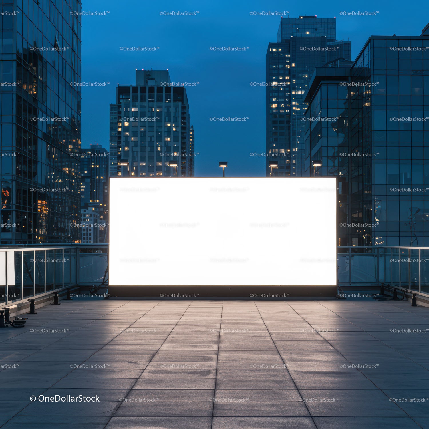 Illuminated billboard on modern city rooftop at dusk