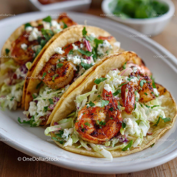 Fresh Shrimp Tacos with Lettuce and Cilantro on White Plate