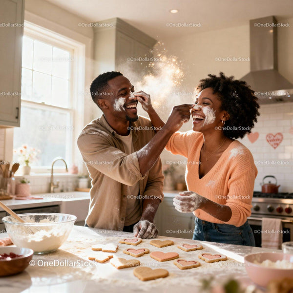 Couple Playfully Baking Heart Cookies in Bright Kitchen