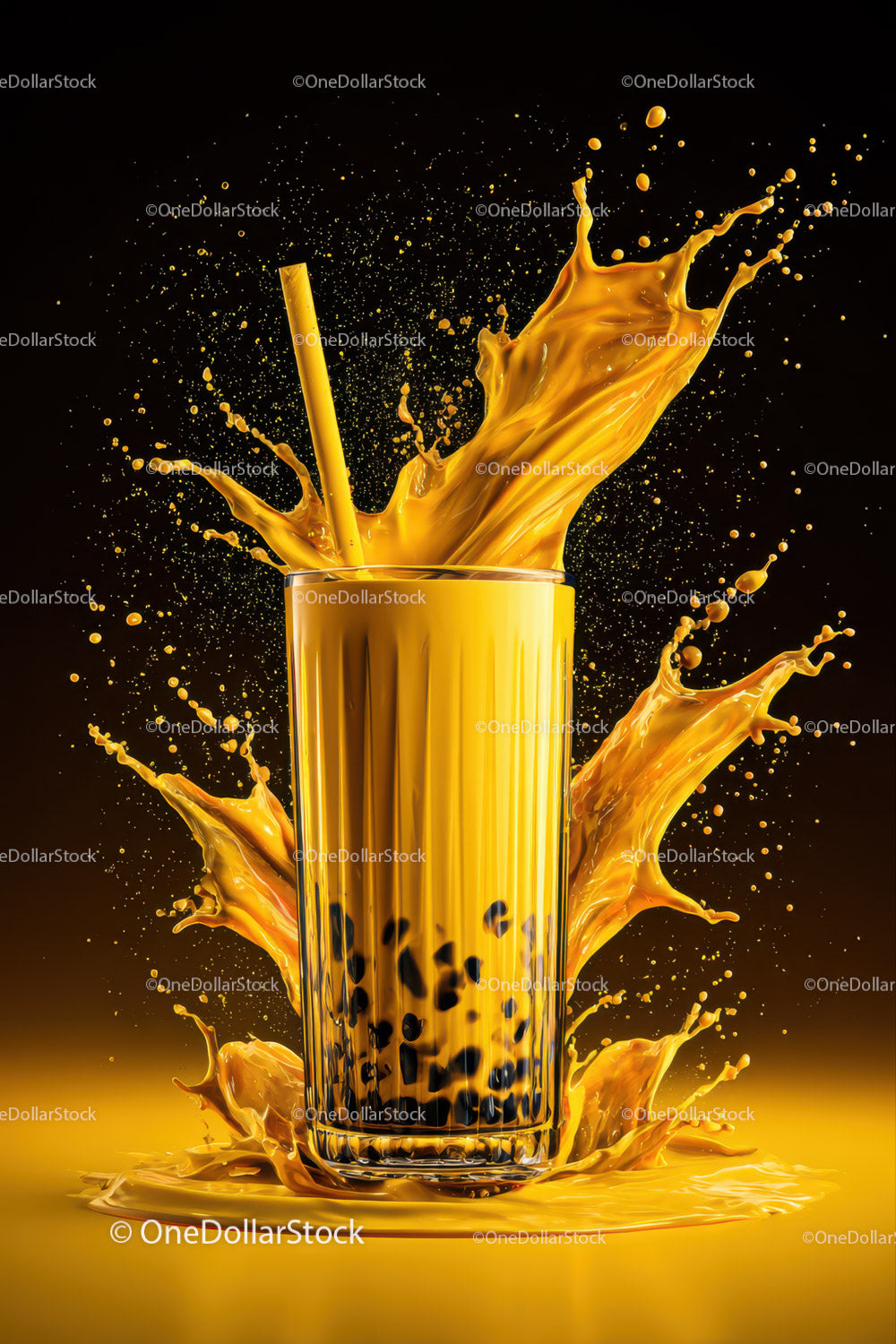 Colorful Bubble Tea with Splash and Black Tapioca Pearls