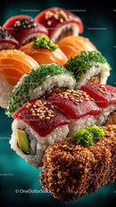 Colorful Sushi Platter with Salmon Tuna Eel and Vegetables