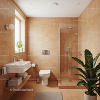 Contemporary Beige Bathroom with Walk-In Shower and Green Plant