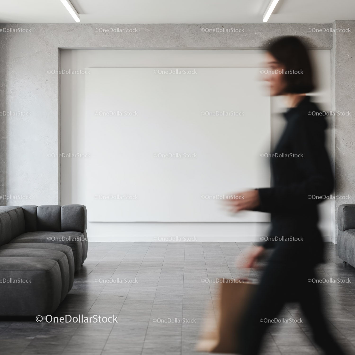 Blurred woman walking in modern minimalist lobby