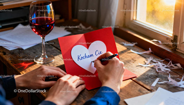 Writing a heartfelt love note on red card near wine glass