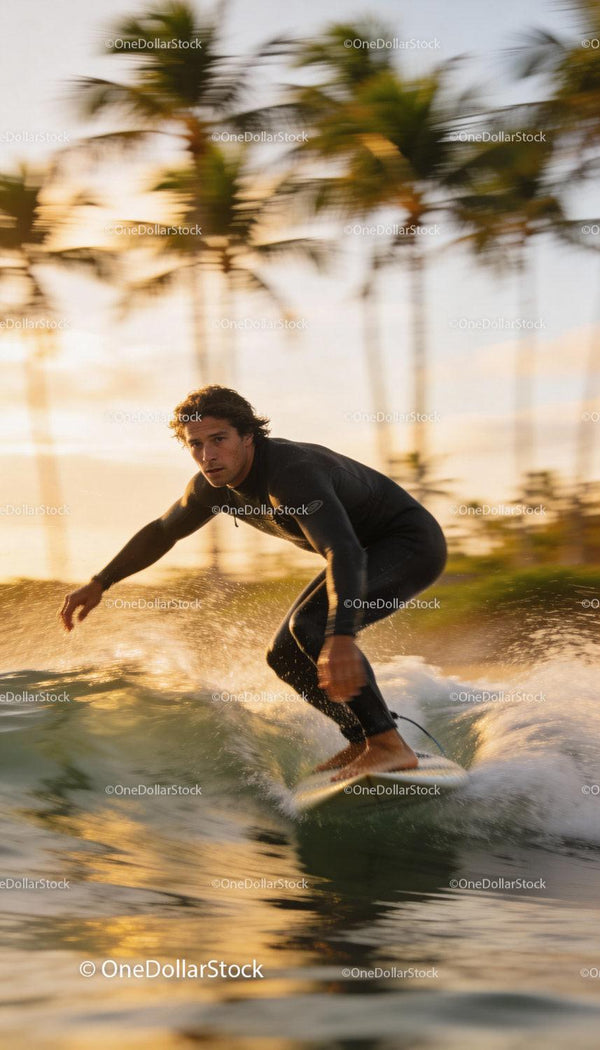 Surfer Riding Wave at Sunset Near Palm Trees