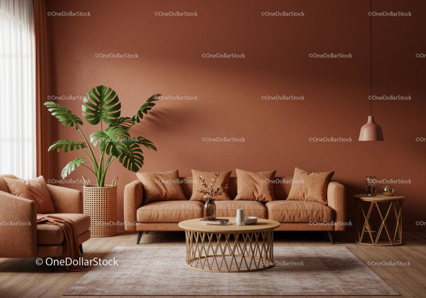 Stylowy nowoczesny salon z beżową sofą i rośliną doniczkową