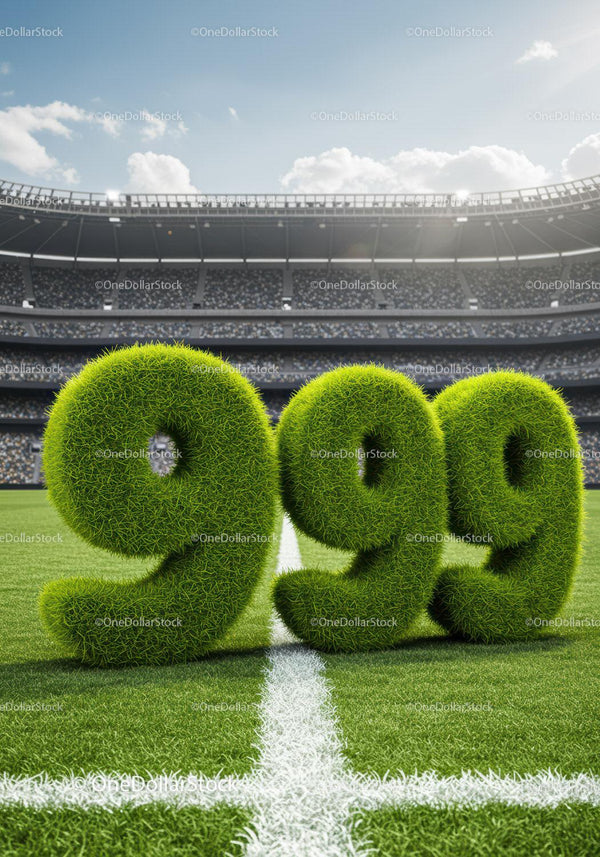 Grass-covered number 999 on football stadium field