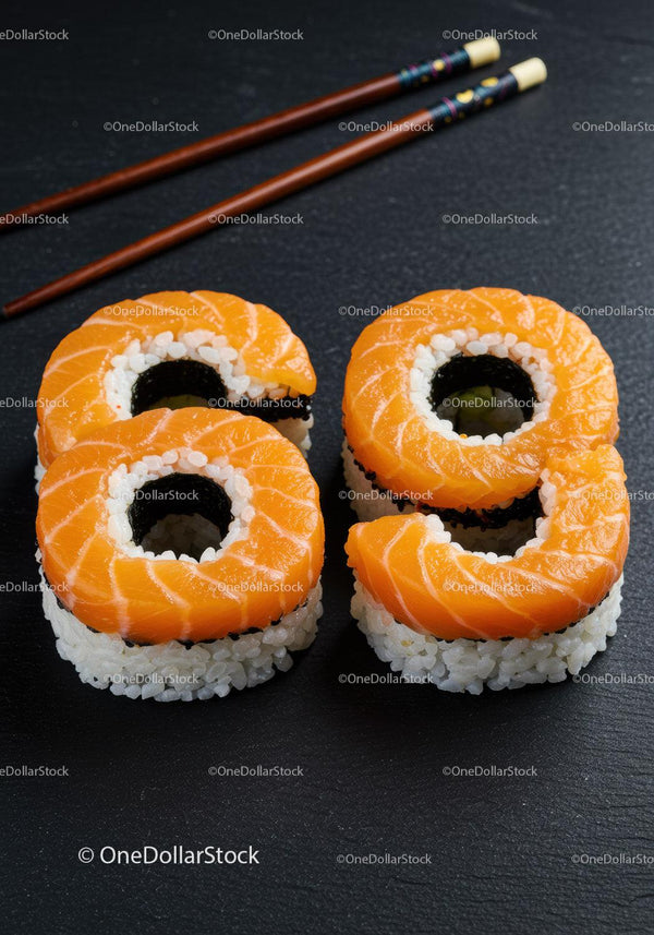 Fresh salmon sushi rolls with chopsticks on black surface