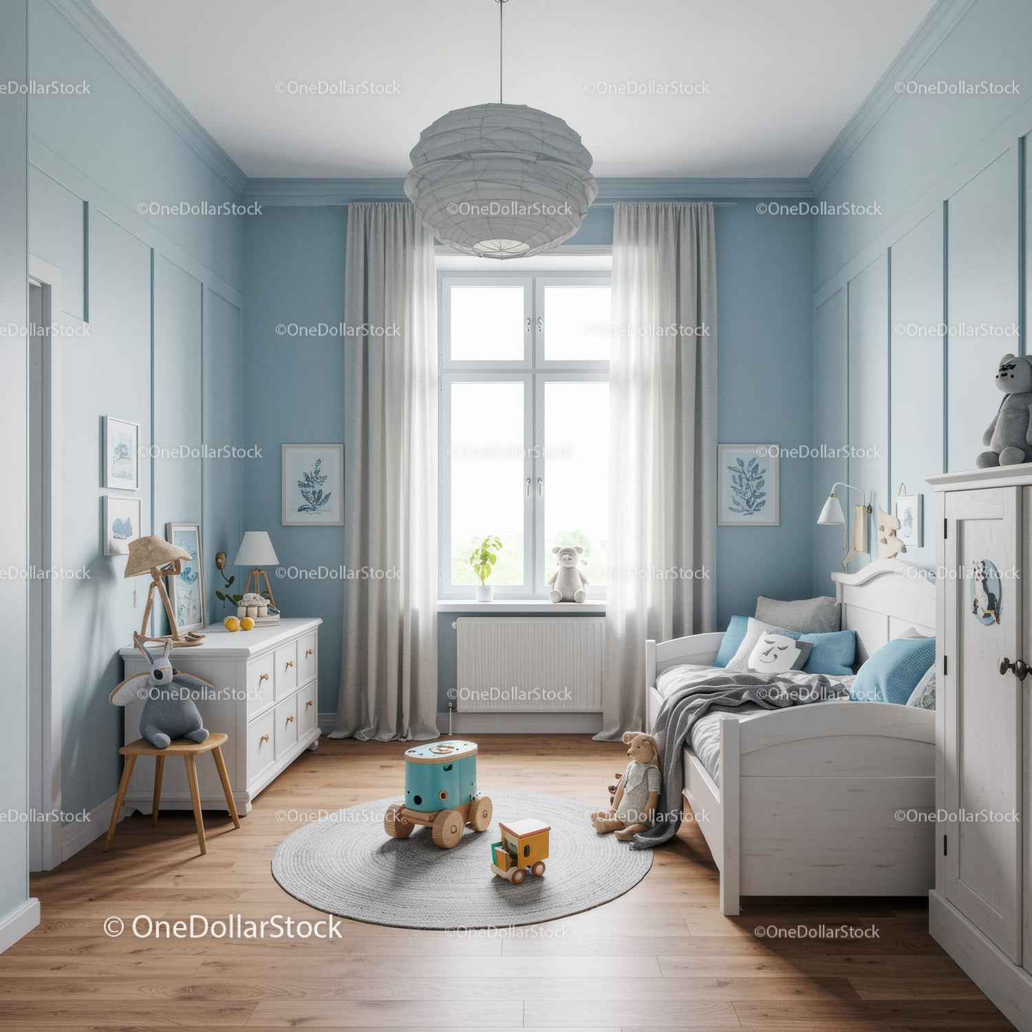 Bright Cozy Nursery Room with Soft Blue Walls and White Furniture