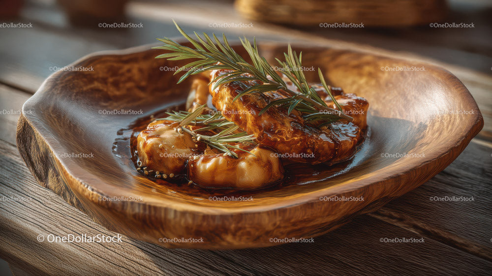Honey Glazed Chicken with Rosemary Garnish on Wooden Plate