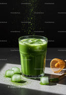 Refreshing iced matcha drink with powdered powder splash