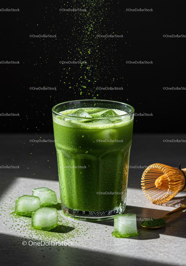Refreshing iced matcha drink with powdered powder splash