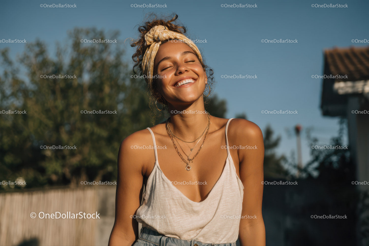 Joyful Woman Smiling Outdoors in Summer Casual Outfit
