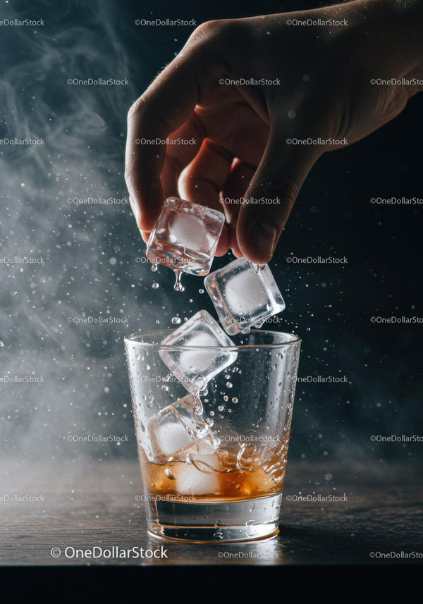 Hand Adding Ice Cubes to Whiskey Glass with Splash