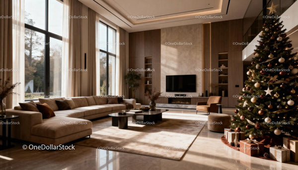 Spacious modern living room with festive Christmas decor