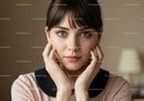 Elegant Portrait of a Young Woman with Green Eyes and Short Dark Hair