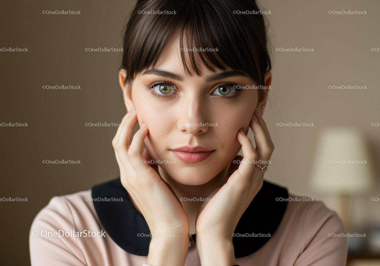 Elegant Portrait of a Young Woman with Green Eyes and Short Dark Hair