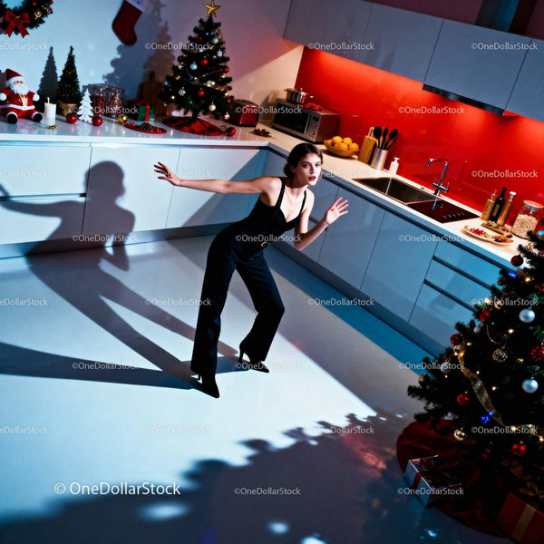 Woman in black outfit dancing in festive kitchen