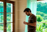 Thoughtful man standing by window in tranquil room