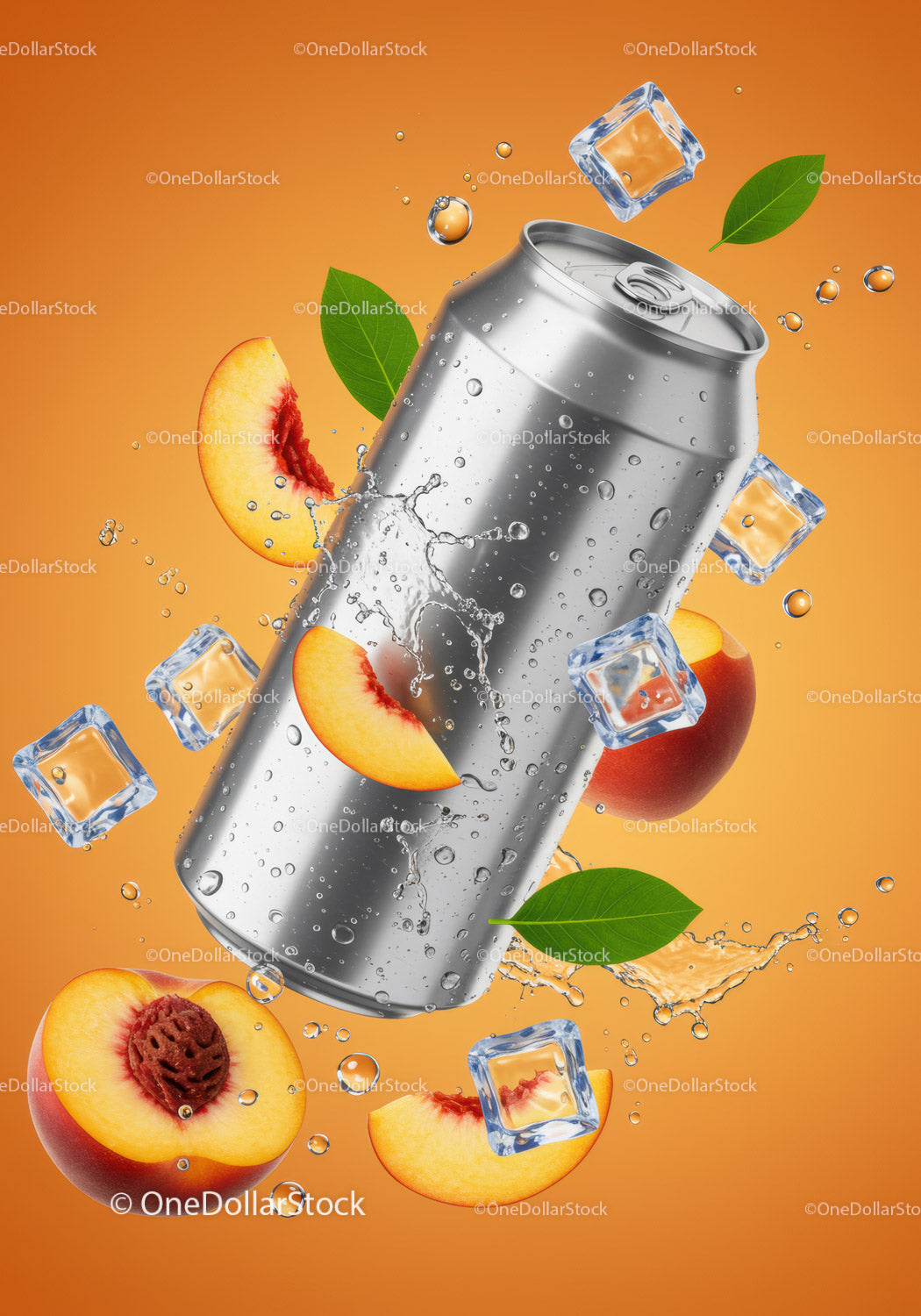 Refreshing Peach Drink Can with Ice and Splash