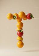 Creative arrangement of mixed fruits forming letter T