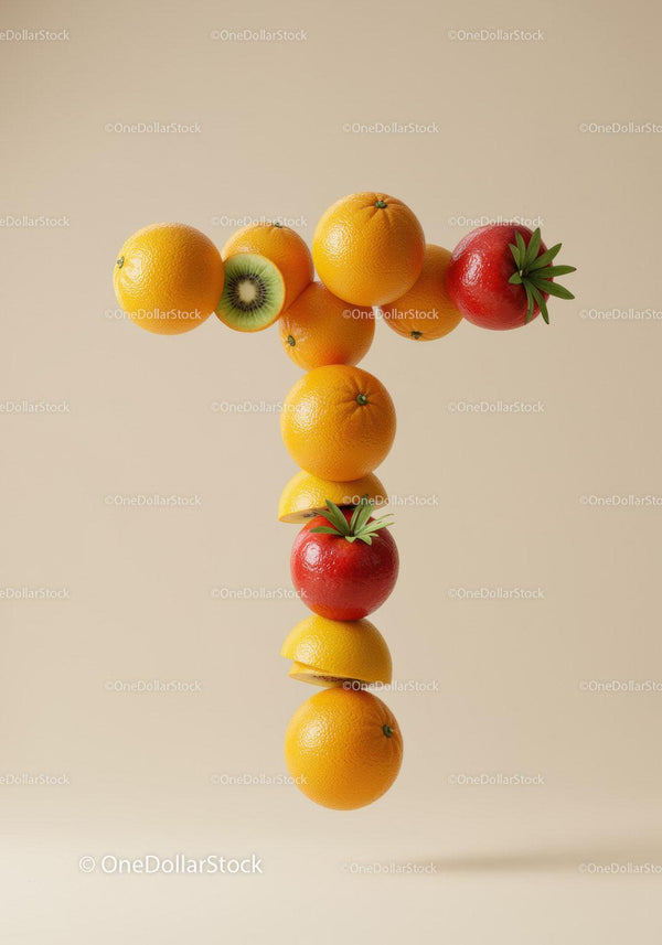 Creative arrangement of mixed fruits forming letter T