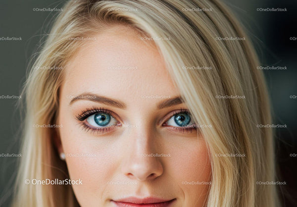 Zbliżenie portret młodej kobiety z niebieskimi oczami i blond włosami