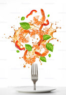 Fresh shrimp and herbs splashing with sauce over fork