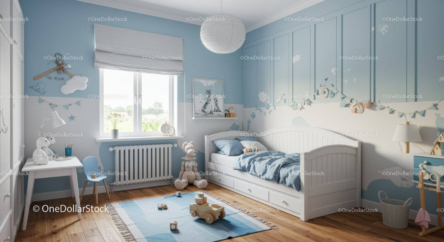 Bright Nursery with Blue Walls and White Furniture for Kids