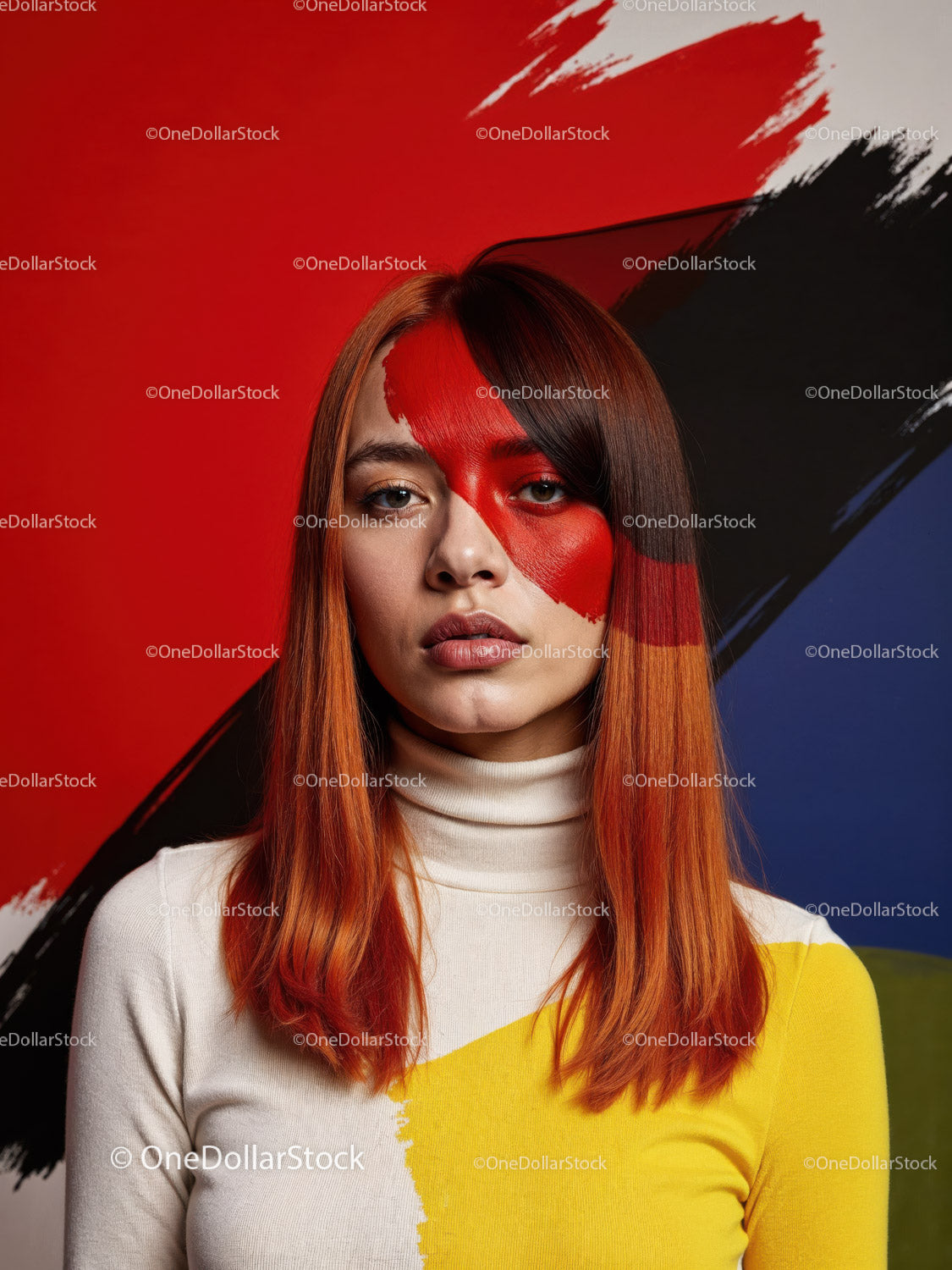 Striking Woman with Artistic Blue Face Paint and Red Lipstick