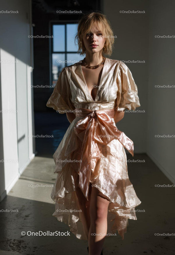 Elegant Satin Dress with Layered Skirt and Metallic Finish