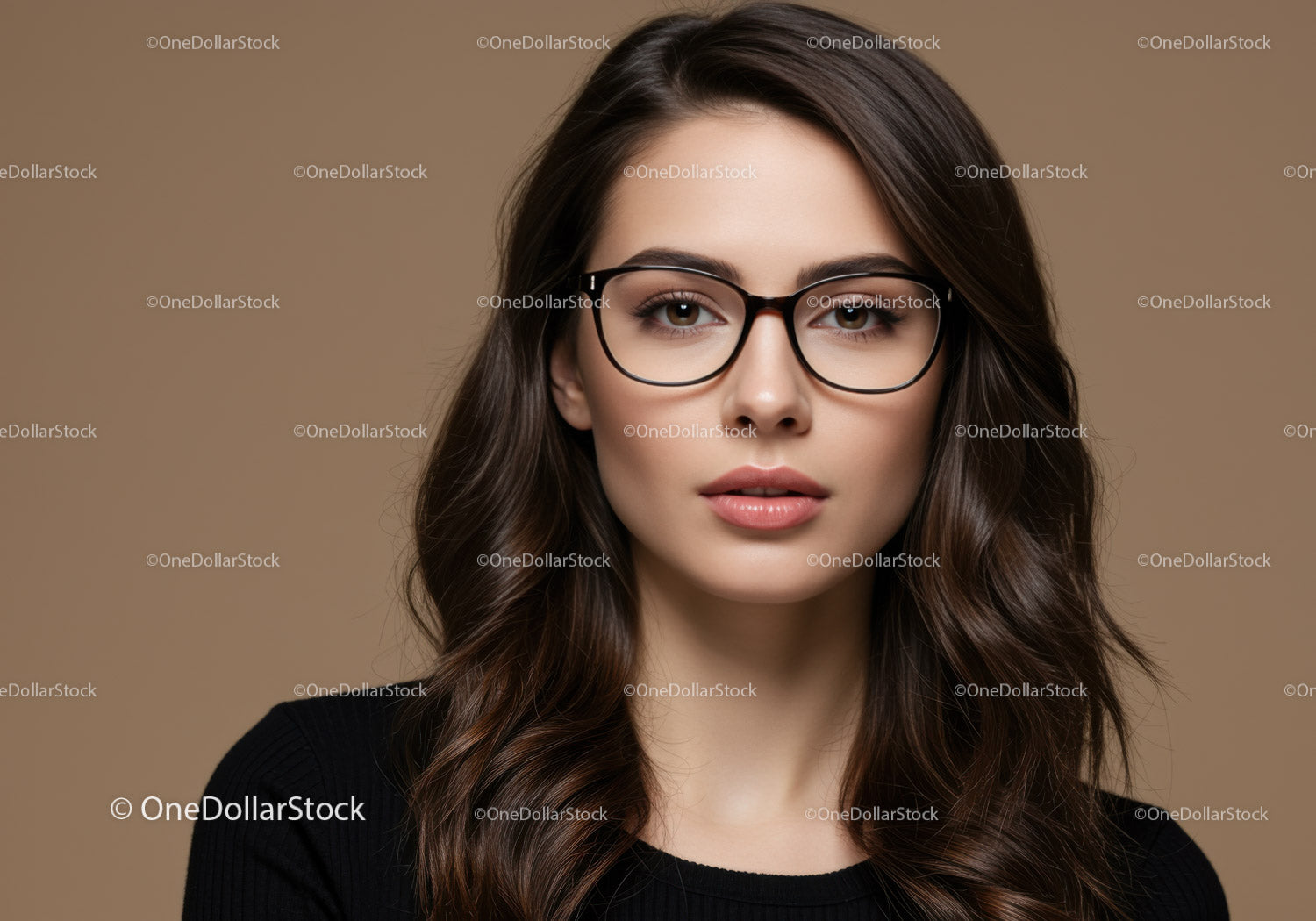 Elegant Woman Wearing Glasses in Portrait Shot with Brown Hair