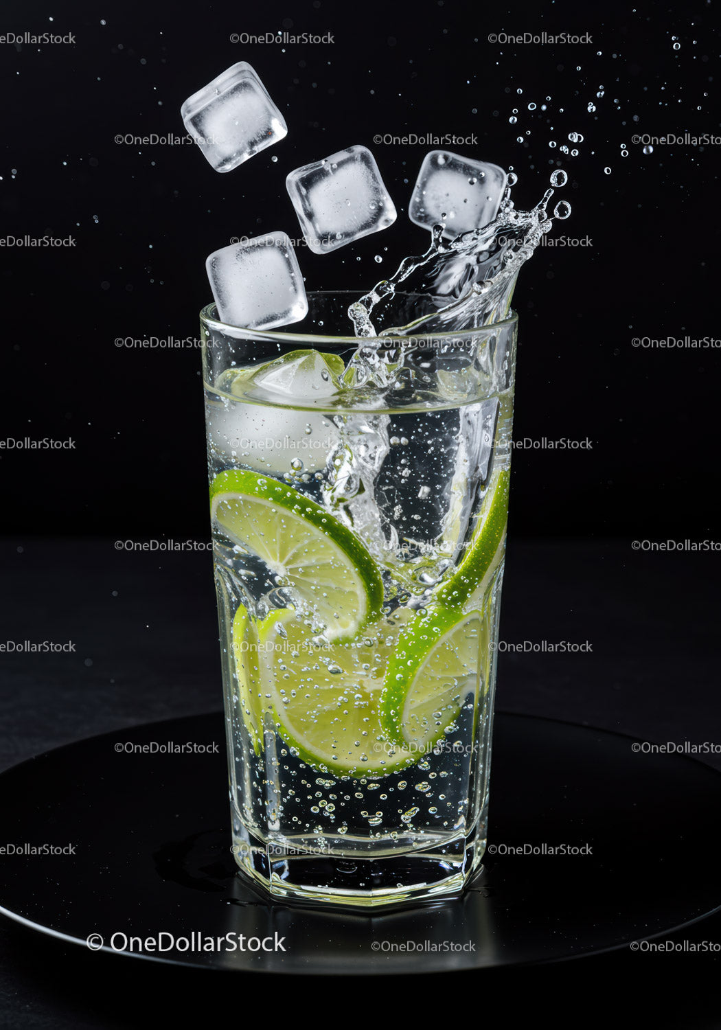 Refreshing lime slices splash in sparkling water glass