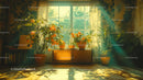 Bright Indoor Home with Potted Orange Trees and Natural Sunlight