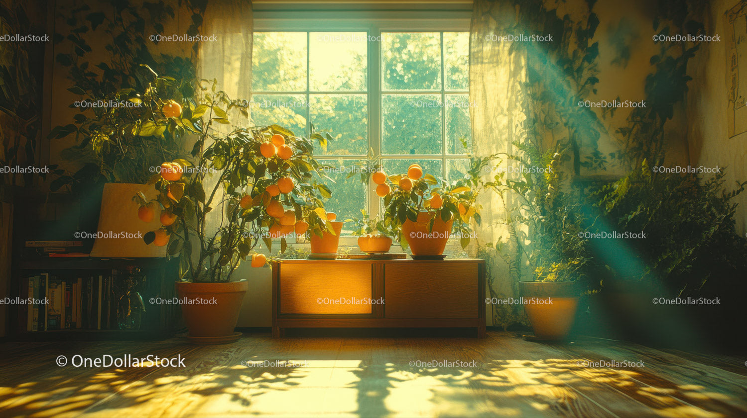 Bright Indoor Home with Potted Orange Trees and Natural Sunlight