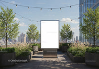 Modern rooftop garden with blank vertical billboard
