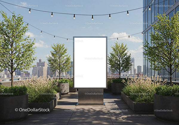 Modern rooftop garden with blank vertical billboard JPG Mockup Image
