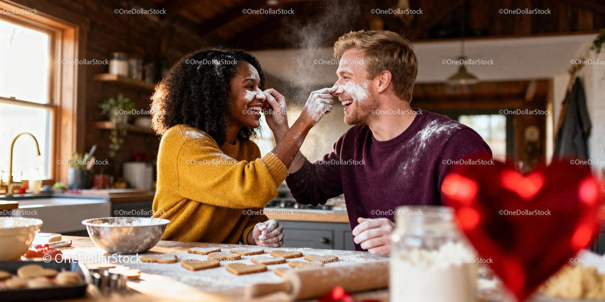 Couple Playfully Baking Heart Cookies Together