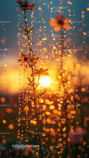 Dewy Flower Branch with Sparkling Water Droplets at Sunrise