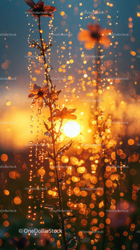 Dewy Flower Branch with Sparkling Water Droplets at Sunrise