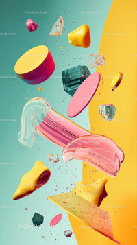 Vibrant Abstract Composition with Floating Geometric Shapes and Bright Colors
