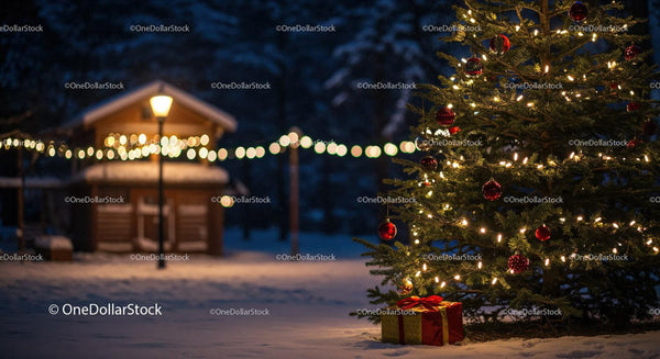 Christmas Tree with Lights and Presents in Snowy Evening