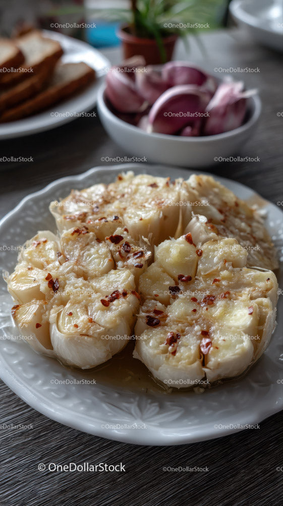 Baked Garlic Bulb on White Plate with Roasted Garlic Cloves