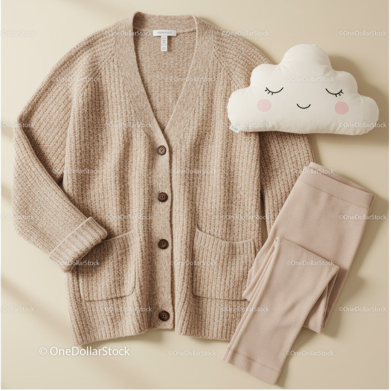 Cozy beige cardigan with leggings and cute cloud pillow