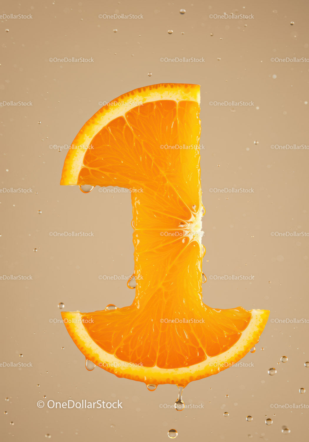 Fresh orange slice shaped as number one with water droplets