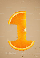 Fresh orange slice shaped as number one with water droplets